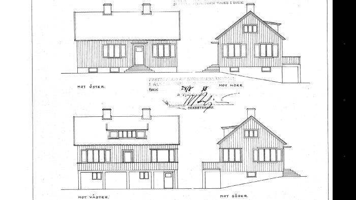 Arkitektritningar av en fasad från 1938 utan spröjs, visar husets fyra sidor.