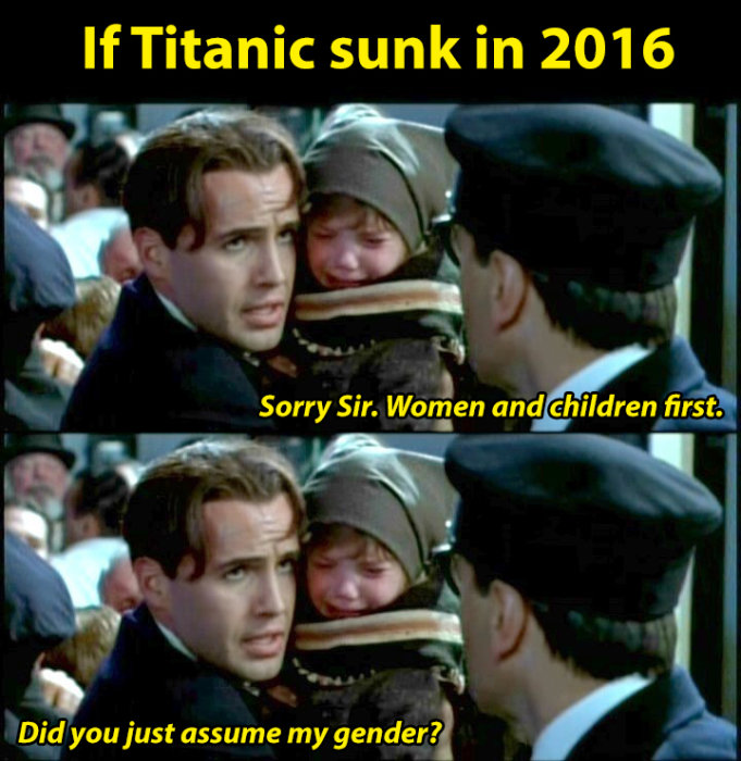 Humoristisk bild med text som refererar till moderna könsrollsdebatter kring en scen från filmen Titanic.