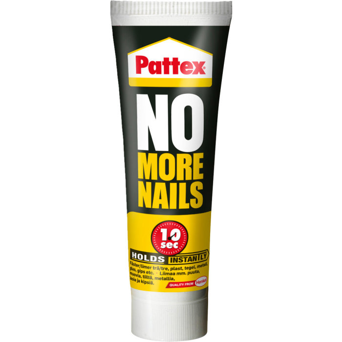 Tub med Pattex No More Nails lim, håller snabbt för olika material.