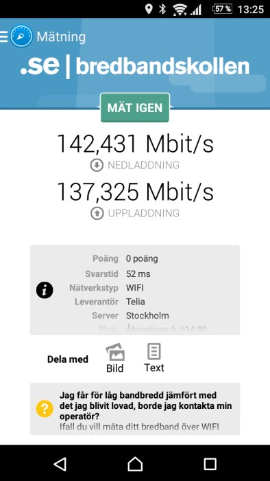Skärmdump av bredbandsprestandatest med 142,431 Mbit/s nedladdning och 137,325 Mbit/s uppladdning via WiFi.