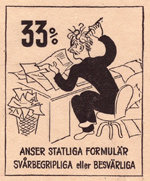 Illustration av frustrerad person med penna och papper omgiven av komplicerade formulär och en papperskorg.