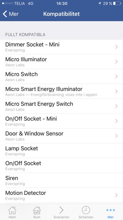 Skärmdump av en kompatibilitetslista för smarta hem-enheter inklusive sensorer och strömbrytare.