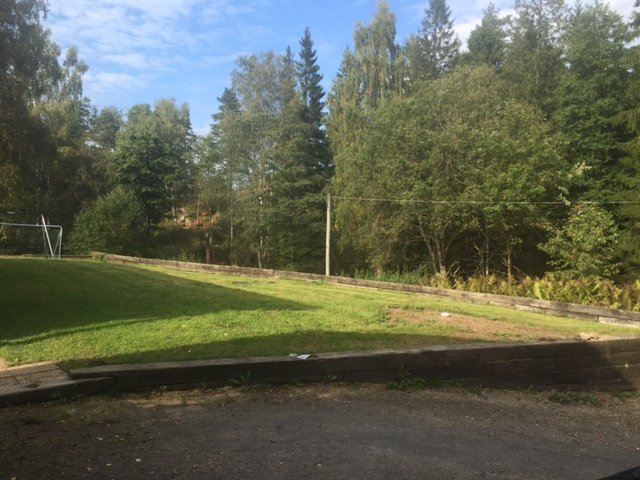 Utsikt från en trädgård med en gammal stödmur nära en väg, gräsmatta i förgrunden och träd i bakgrunden.