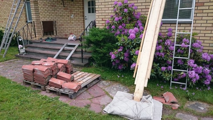 Staplar med gamla tegelpannor på pallar och en stege vid husvägg med rhododendronbuskar i blom.