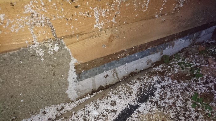 Grundkonstruktion med frigolit, plåt och träreglar synlig vid husvägg, med frigolitbitar utspridda på marken.