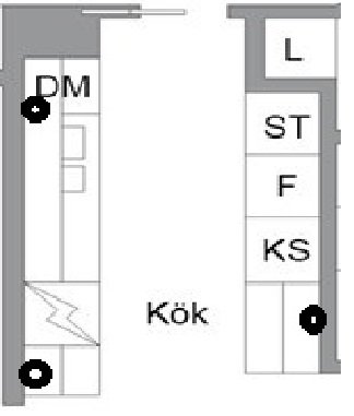 Enkel planritning av ett kök med markerade positioner för vitvaror och vägguttag