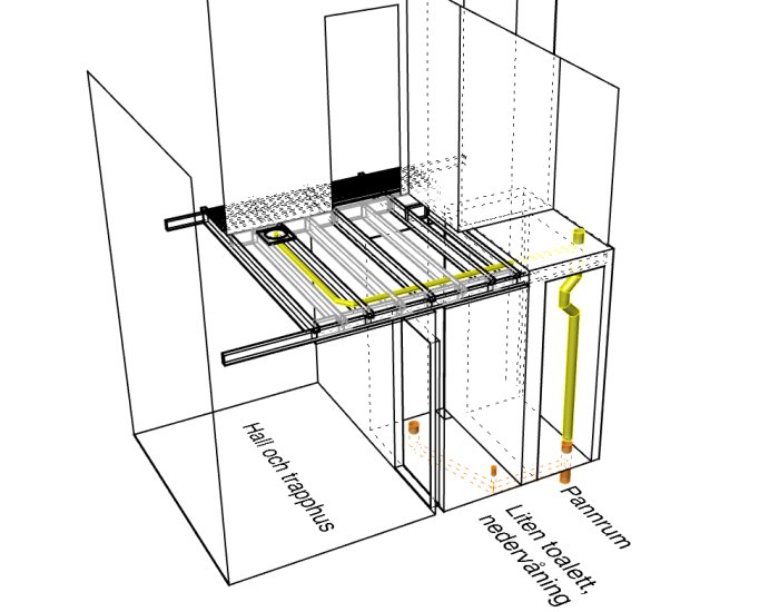 CAD-ritning på ett pannrum med markerade orange och gula rör för avlopp och nya installationer.