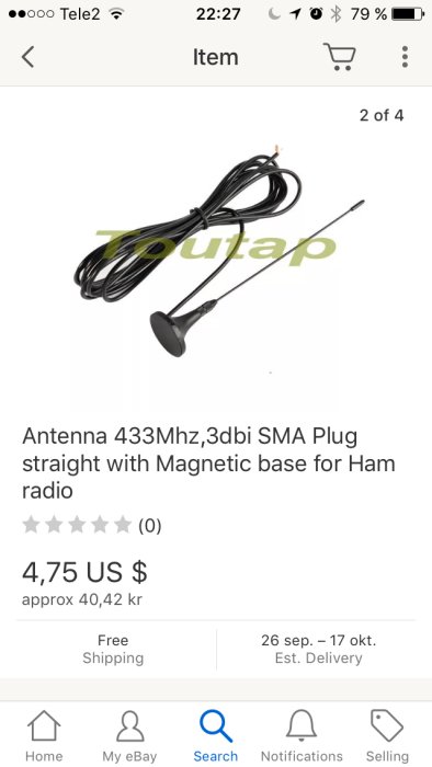 433MHz SMA-plugg antenn med magnetfot och kabel, för amatörradio.