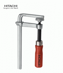 Hitachi skruvtving med silverfärgad metall och rött handtag, mot en vit bakgrund.