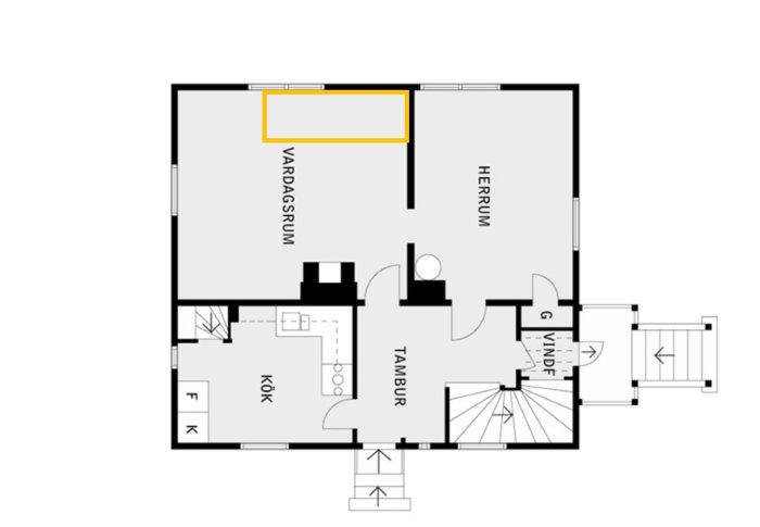 Planritning av en våning med markerat område i orange som visar placeringen av en skadad balkong och det underliggande innertaket.