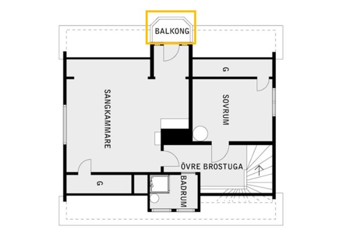 Planritning med övervåning och markerad balkong inrutad i orange för att visa läckageområdet.