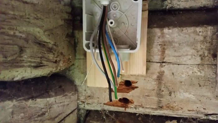 Elledningar i varierande färger är dragna genom hål i en trävägg till en vit anslutningsbox.