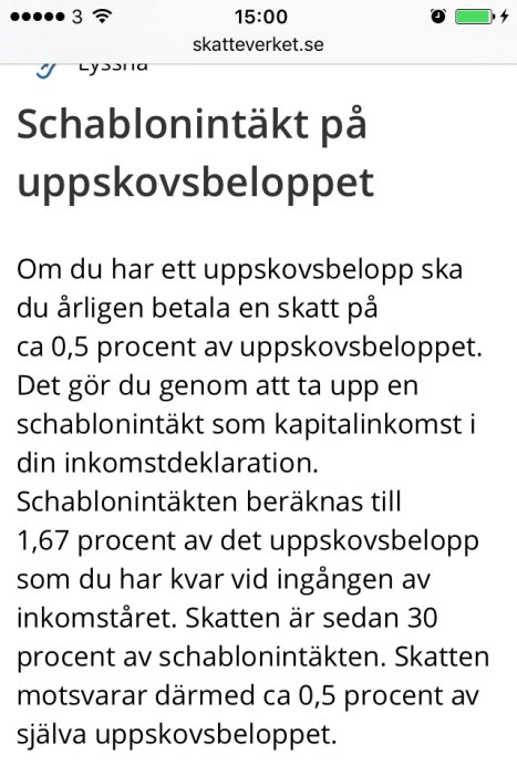 Skärmdump från Skatteverkets webbsida om schablonintäkt på uppskovsbeloppet.