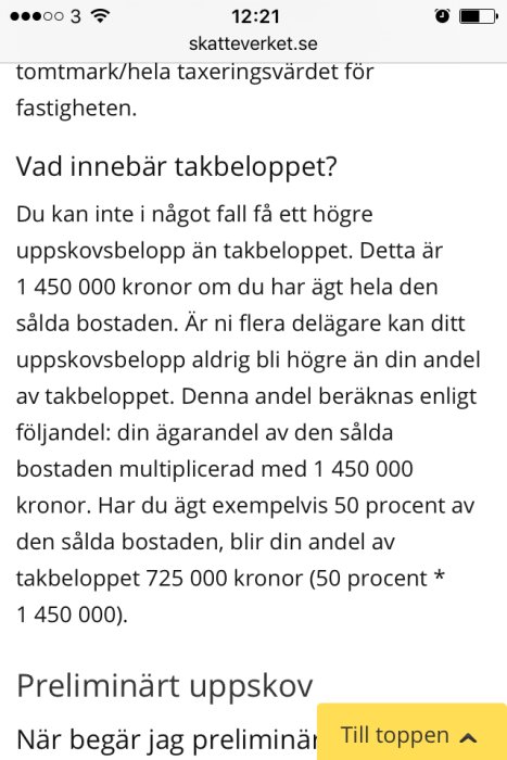 Skärmklipp från Skatteverkets webbsida som förklarar reglerna kring takbeloppet för uppskov vid bostadsförsäljning.