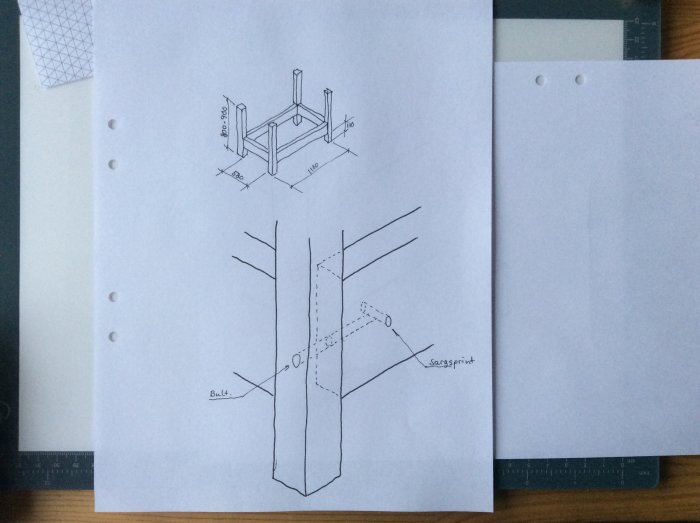 Handritad skiss av en arbetsbänks stomme med mått och sargkonstruktion.