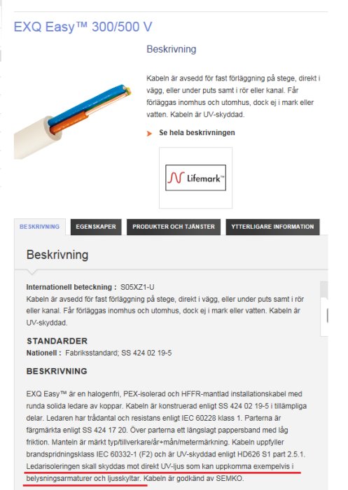 Skärmdump av en produktbeskrivning för EXQ Easy 300/500 V kabel med text och diagram.