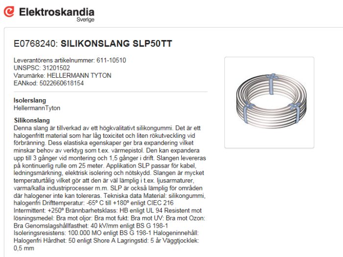 Silikonslang för UV-skydd av ledningar, presenterad på en produktinformationssida med tekniska specifikationer.