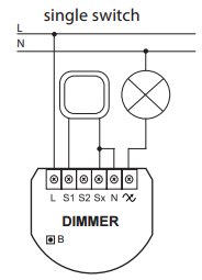 Schamatskiss av enkelströmbrytare ansluten till en dimmer med märkningar för Ledningar L och N och bygling N-Sx.