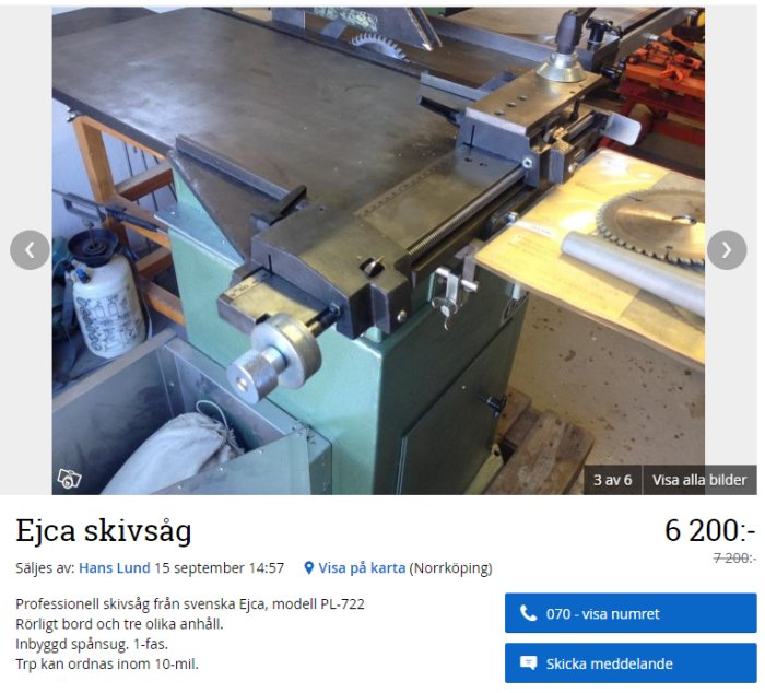 Professionell Ejca skivsåg modell PL-722 till salu, synlig i ett verkstadsrum.