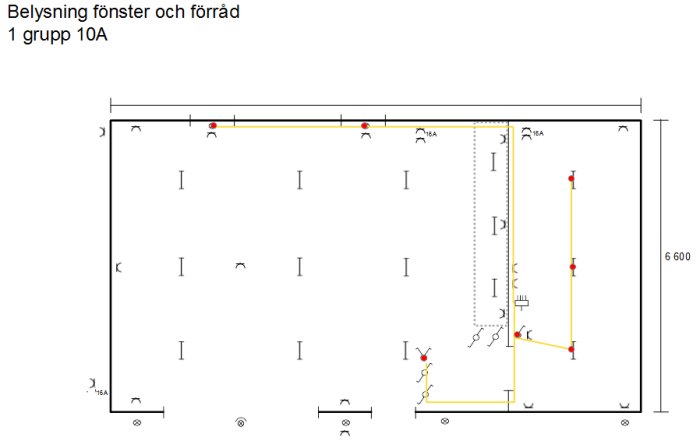 Skiss av elinstallation i ett garage med märkningar för belysning, uttag och 16A-grupper längs väggarna och i taket.