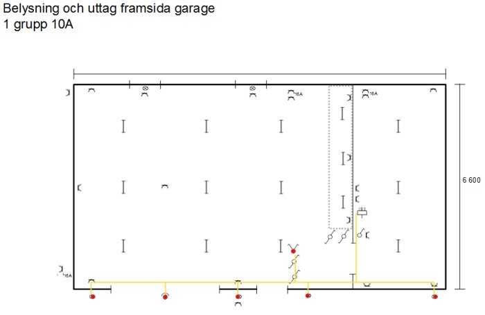 Skiss av elinstallation med gruppindelning i garage, inklusive belysning, uttag och dimensioner.