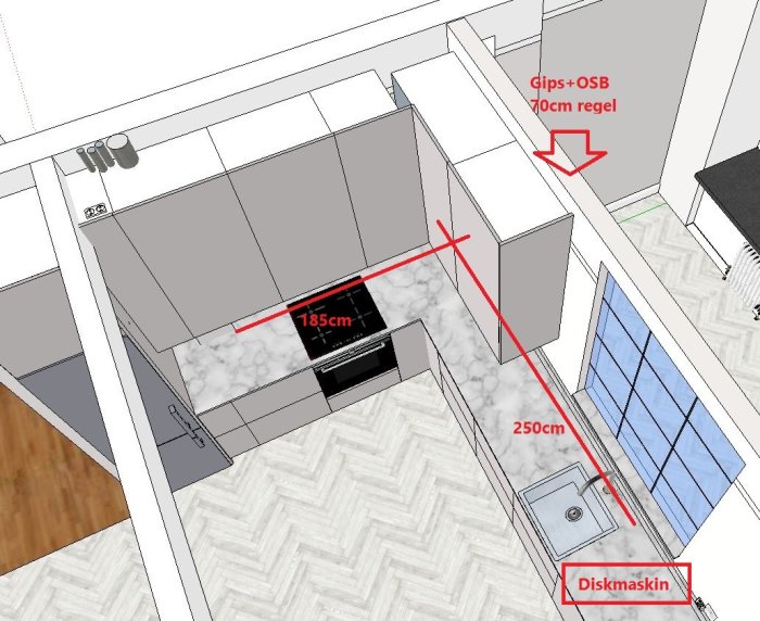 3D-köksdesign med måttangivelser för VVS, diskmaskin och ny innervägg.