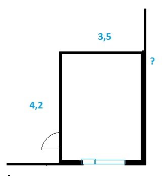 Skiss av ett litet rum i ett hörn av ett garage med dimensioner och plats för ventilation.