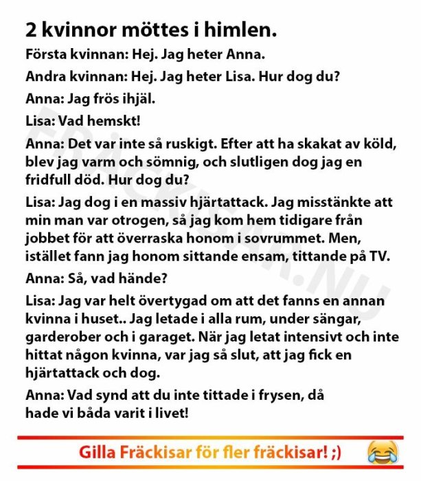 Skärmdump av en textbaserad skämtbild med dialog mellan två kvinnor som möts i himlen och diskuterar sina dödsorsaker.