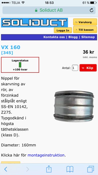 Galvaniserad stålnippel för skarvning av rör, enligt SS-EN 10142, på webbshoppsida.