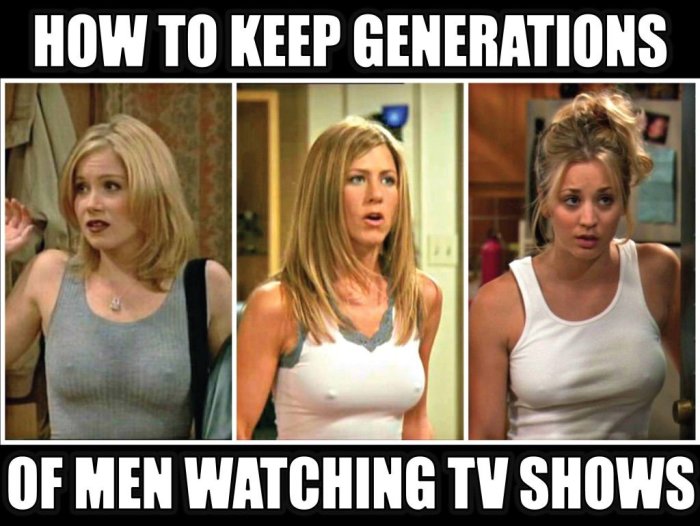 Meme med texten "HOW TO KEEP GENERATIONS OF MEN WATCHING TV SHOWS" och tre bilder av kvinna i olika frisyrer och kläder.