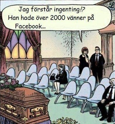 Seriebild av en begravningsceremoni med få deltagare och text som nämner Facebook-vänner.