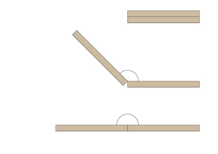 Schematisk illustration av MDF-skivor med gångjärn för en utfällbar bänk/säng.