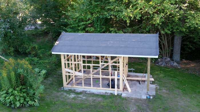 Friggebod under konstruktion med nylagt råspont och takpapp i en trädgård.