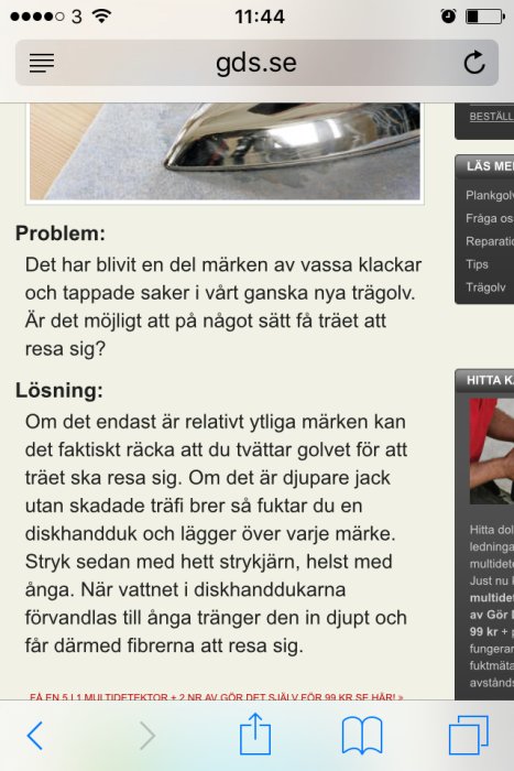 Skärmdump av en artikel på en webbplats som beskriver hur man reparerar märken i trägolv.