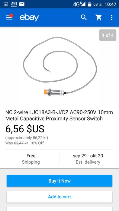 Skärmbild från eBay visar en närhetssensor med metalliskt utseende och anslutningskabel, tänkt för användning i automatiseringssammanhang.