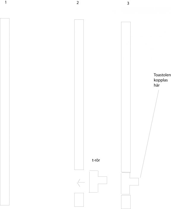 Skiss av ett gjutjärnsrör före och efter kapning med t-koppling för att ansluta en toalett.