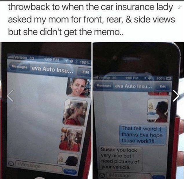 Skärmdump av SMS-konversation där en kvinna felaktigt skickar selfies istället för bilder på sin bil till försäkringsagent.