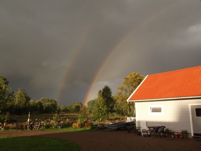 Dubbel regnbåge över en trädgård med hus och träd vid solnedgång den 11 augusti 2013.