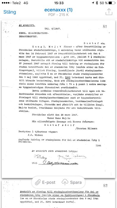 Svartvit bild av ett dokument som beskriver förslag till stadsplaneändringar för stadsdelen Örby i Stockholm, daterat 1947.