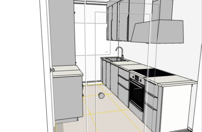 Skiss av kökslayout med vit carrara bänkskiva, diskho och spishäll i ett renoveringsprojekt.