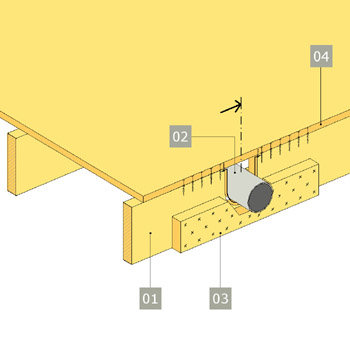 Illustration av förstärkt bjälklag med dimensionering och kortlingar, inklusive en avbildning av föreslagen rörinstallation.