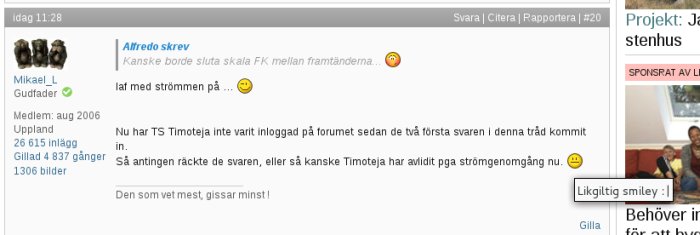 Skärmdump av ett diskussionsinlägg på ett forum med text och emotikoner.
