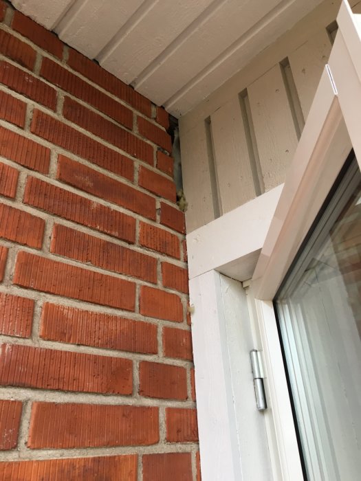 Ett hål i hörnet där en tegelvägg möter en vitmålad träpanel under en takutsprång nära ett fönster.