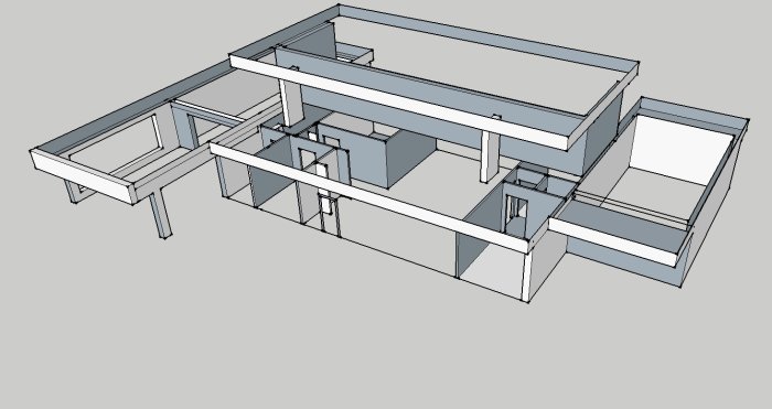 3D-ritning av en husgrund i gråskala med synlig rumindelning och bärande strukturer.