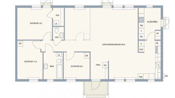 Ritning över Älvsbyhus bostadsplan, markerade sovrum och ventilationssystem.