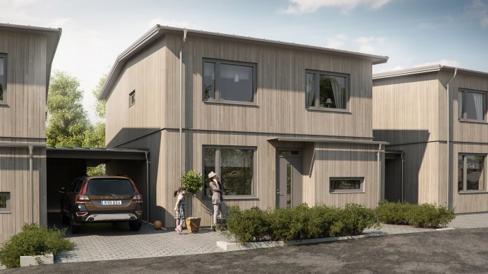 Arkitektritning av en modern tvåvåningsvilla med integrerad carport och en bil parkerad inuti.