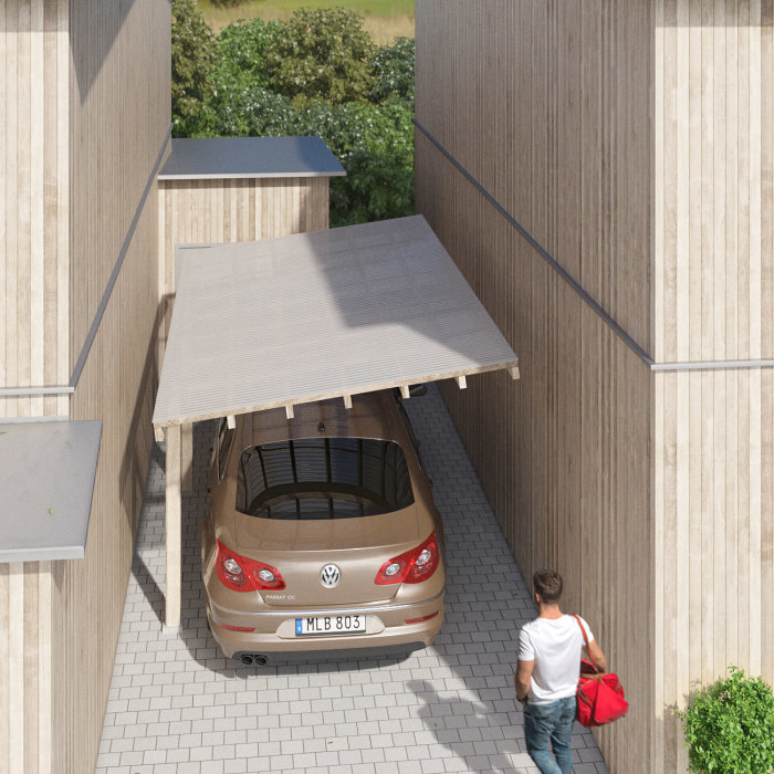 3D-ritning av en carport med beige bil parkerad och en person som närmar sig.