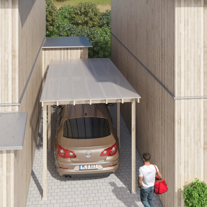 Carport konstruktion av trä som skärmtak, bil parkerad under och person med ryggsäck går mot bilen.