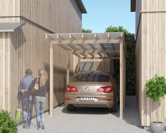 Föreslagen design för en carport med träkonstruktion och genomskinligt tak, bredvid en modern byggnad.