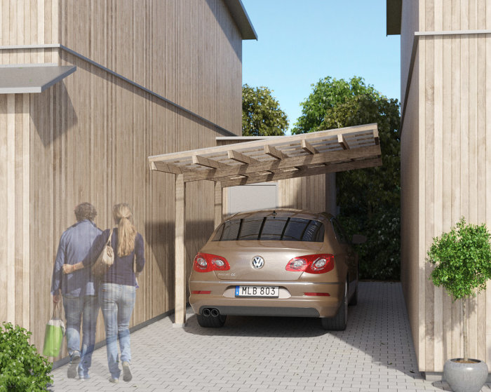 3D-rendering av en föreslagen carportdesign bredvid ett hus med en bil parkerad under.